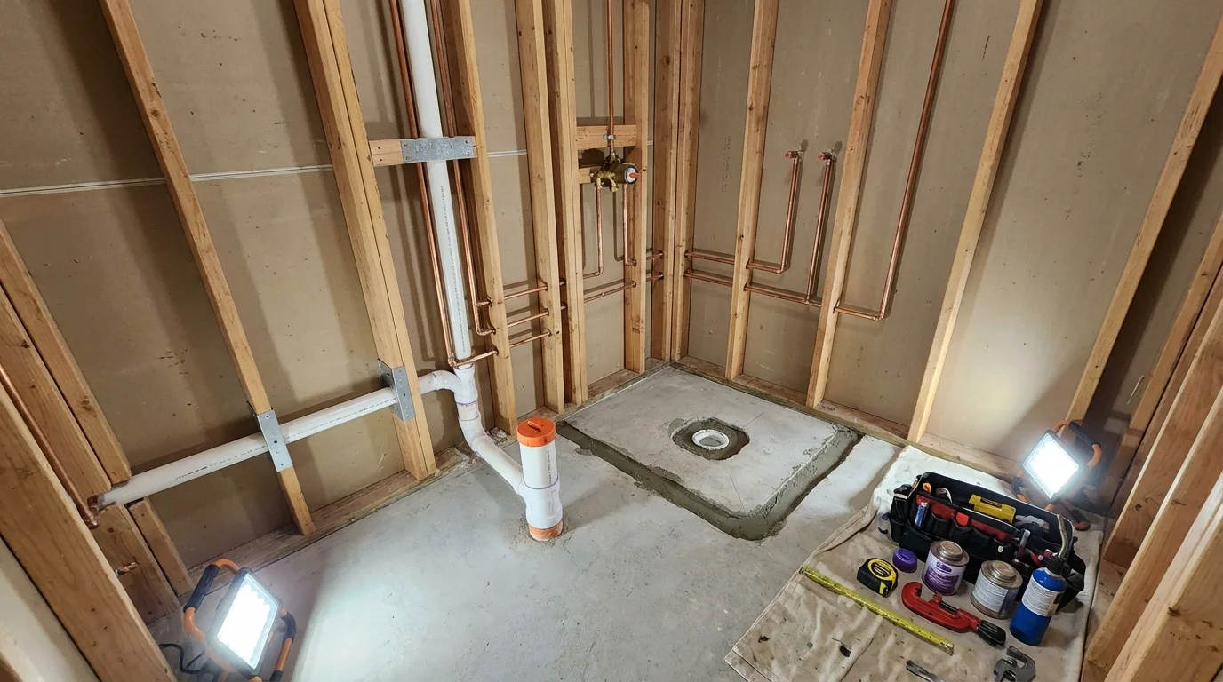 Bathroom rough-in plumbing during remodel by Johns Plumbing LLC in Aquebogue