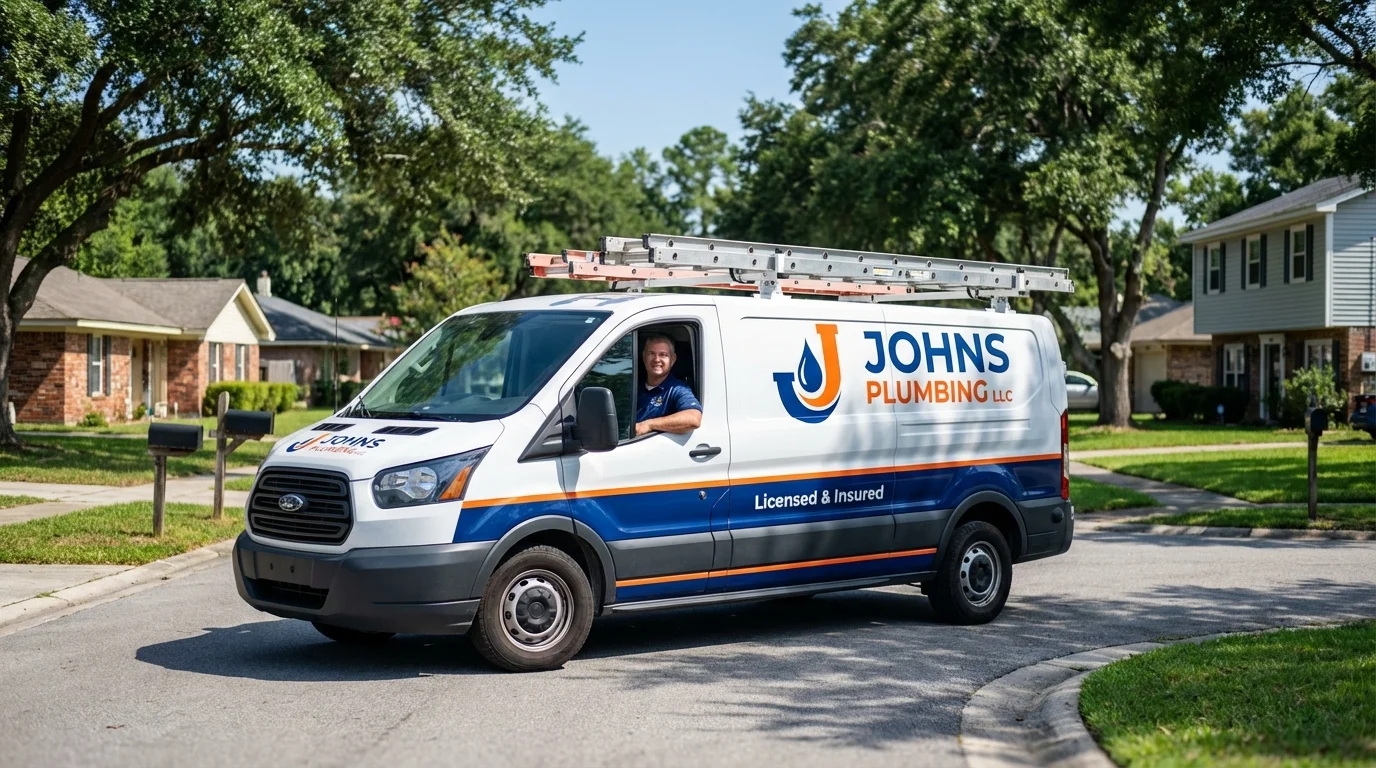 Johns Plumbing LLC service van in Aquebogue, NY
