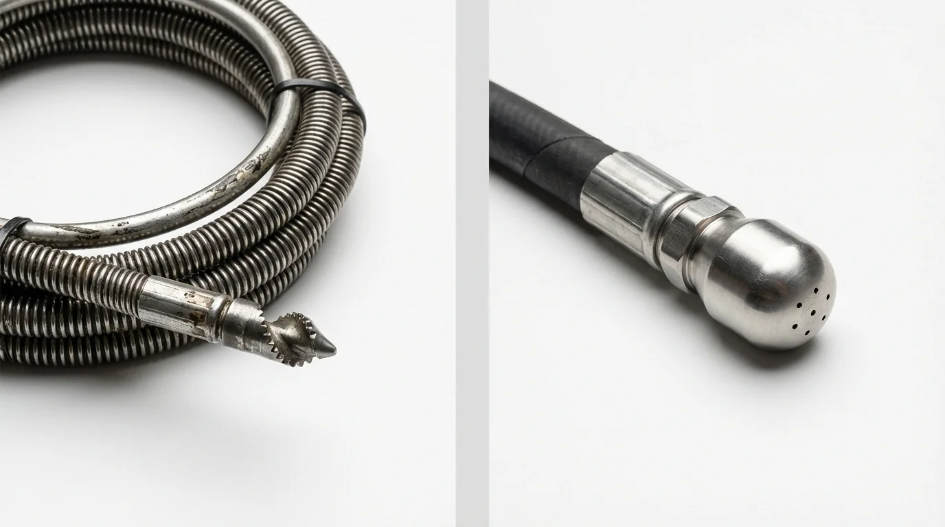 Drain snake cable and hydro jetting nozzle used for drain cleaning in Aquebogue, NY