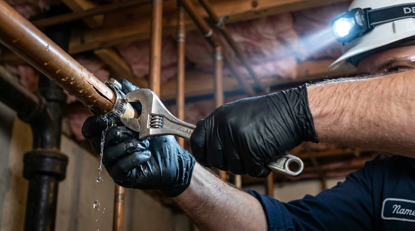 Emergency pipe clamp repair being performed by a Johns Plumbing LLC plumber in Aquebogue