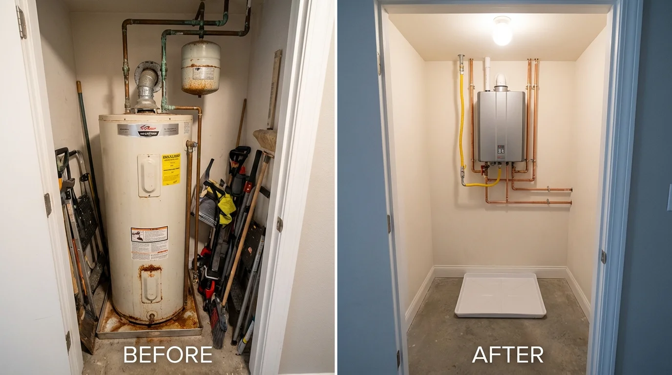 Tank water heater versus wall-mounted tankless unit comparison for Aquebogue, NY homeowners