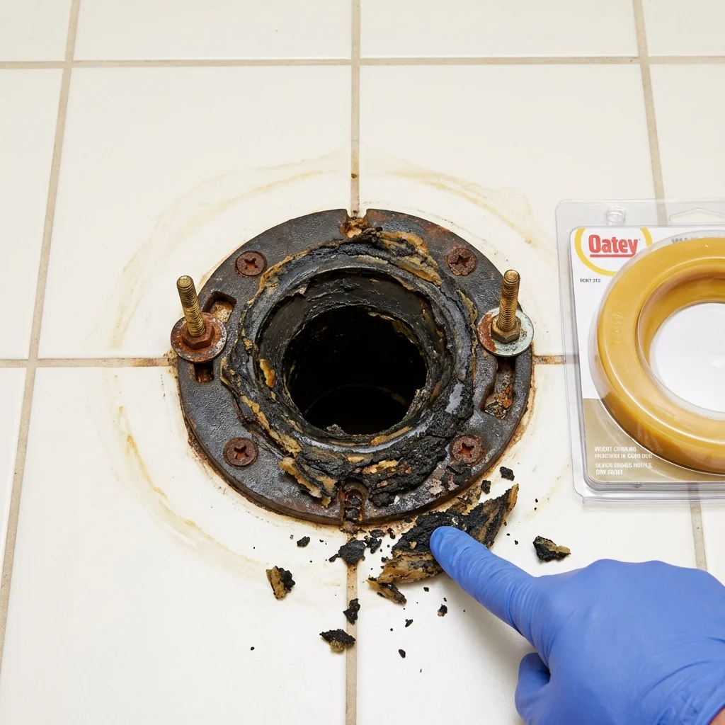 Failed wax ring showing water seepage at the base of a toilet in a Aquebogue, NY home