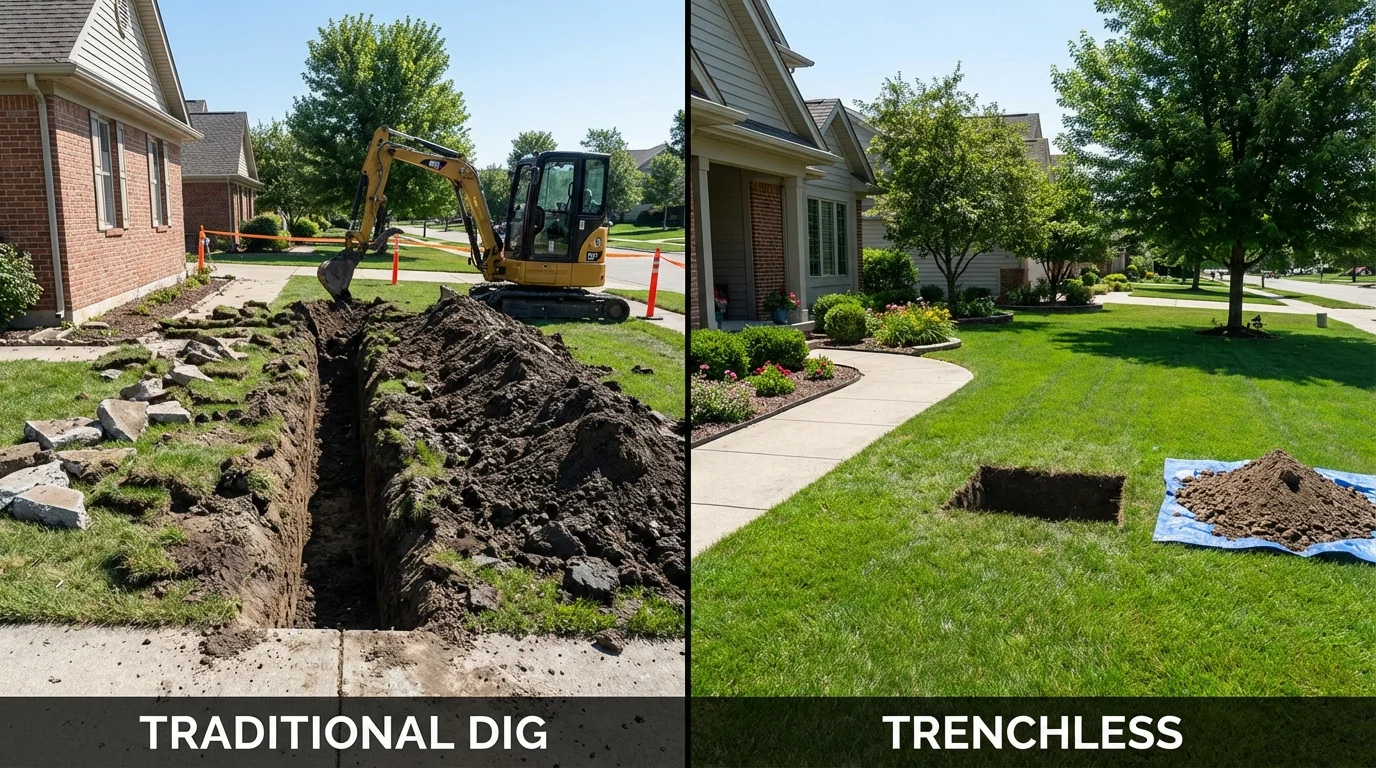 Trenchless sewer repair with minimal yard damage versus traditional excavation in Aquebogue, NY
