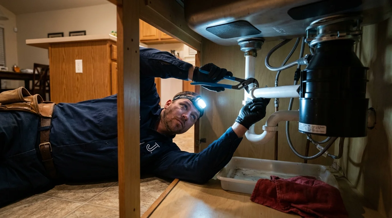 P-trap and supply line connections under a kitchen sink showing a common leak point in Aquebogue, NY